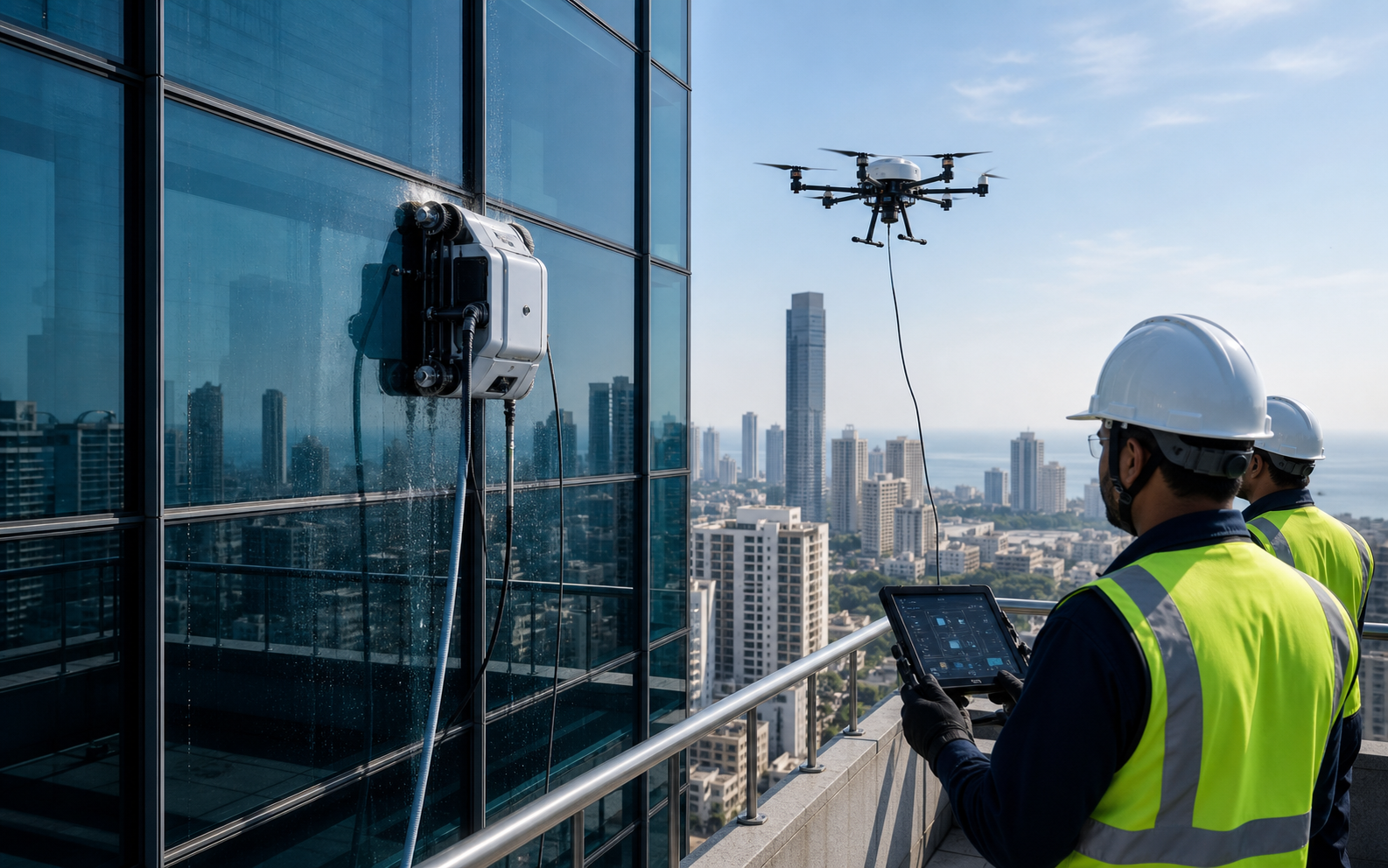 Acleanz drone and robotic facade cleaning system on high-rise glass